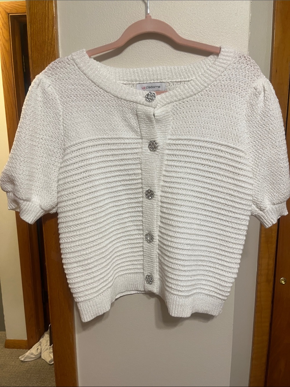 Liz Claiborne White Short-Sleeve Knit Cardigan Sweater
